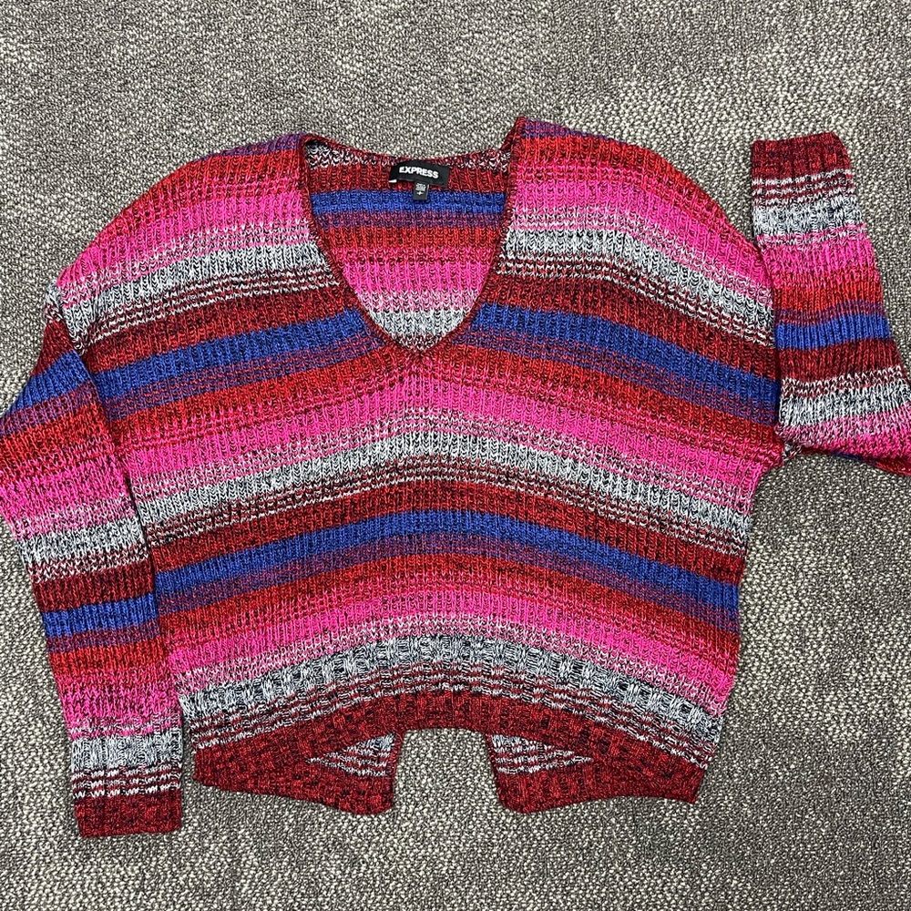 Express V-Neck Sweater in Red, Pink, and Blue Stripes